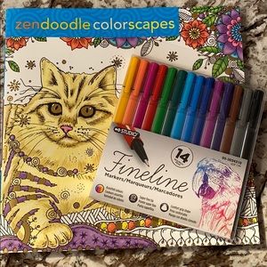 🐱Zendoodle Colorscapes Coloring Book + 14 markers
